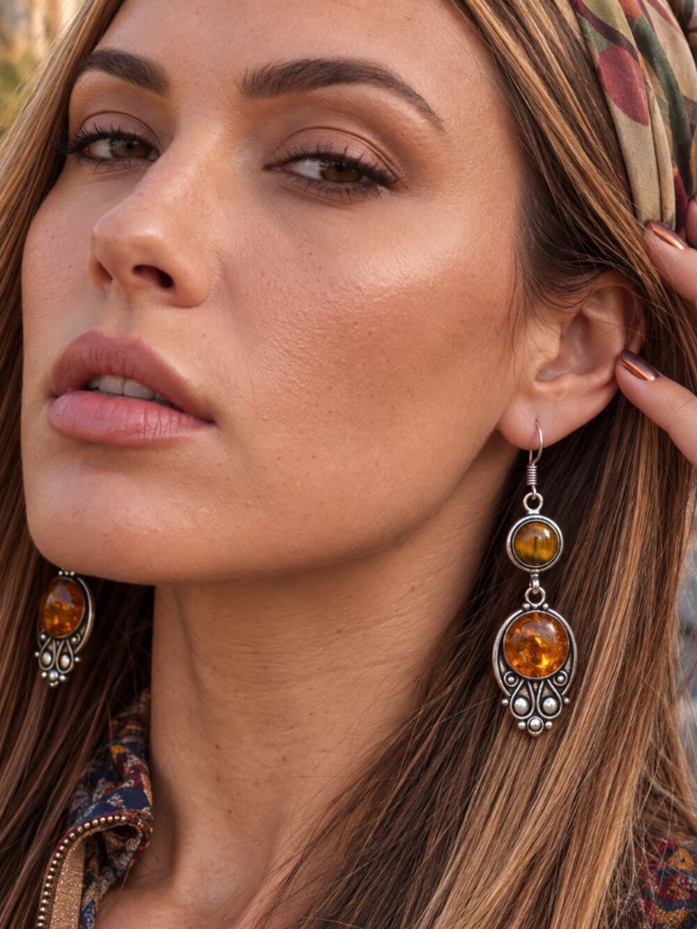 Amber Tiger Eye 925 Sterling Silver Boho Artisan Drop Dangle Earrings